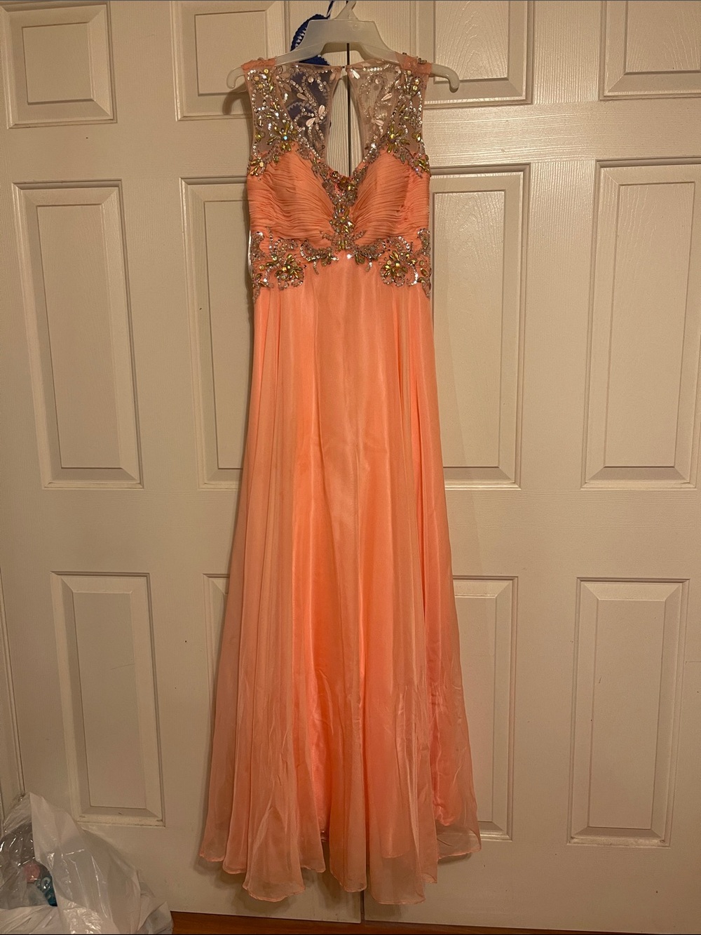 Embellished Sheer Yoke Coral Evening Gown